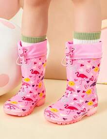 Girls Pink Flamingo Rain Boots With Drawstring, Waterproof Easy-On Boots For Outdoor Play - 粉色 - 查看 1