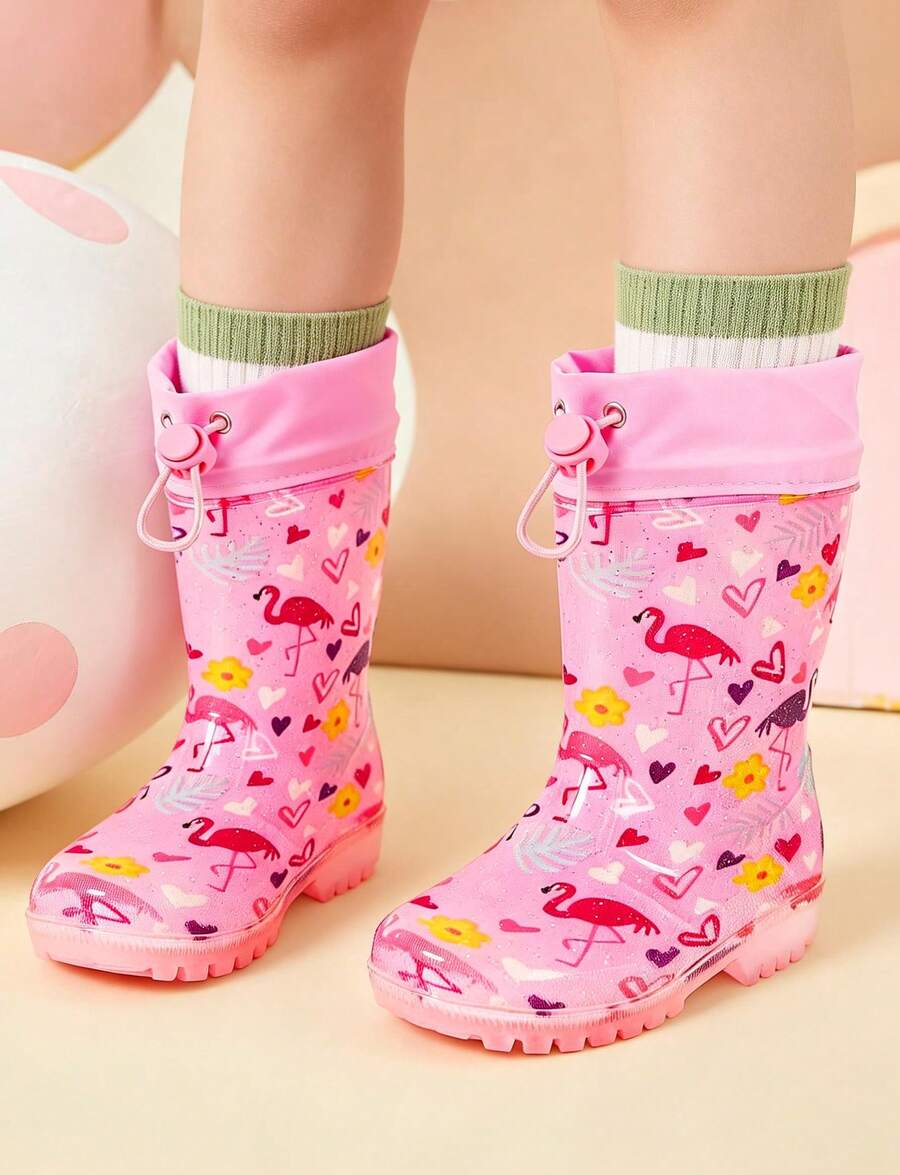 Girls Pink Flamingo Rain Boots With Drawstring, Waterproof Easy-On Boots For Outdoor Play - 粉色 - 查看 1