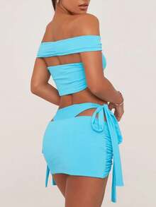 Women's 3 Piece Off Shoulder High Cut Bikini Set With Tie Side Cover Ups - Blue - View 2