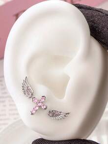 一套（+十字锆石+右翼）低过敏性钛钢天使翅膀耳钉，镶嵌微镶锆石，时尚男女通用耳骨耳钉，适合日常佩戴 - 十字架翅膀耳骨釘 - 查看 2