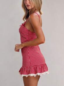 Women's Plaid Gingham Lace Cami Dress Sleeveless Going Out Mini Dresses Sundress - 紅色 - 查看 3
