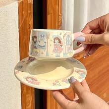 卡通咖啡杯碟图案马克杯，优雅下午茶杯，精美陶瓷杯，送给她的礼物 - 彩色 - 查看 2