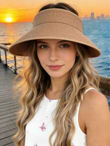 1顶时尚可折叠女士帽子，带蝴蝶结、马尾辫孔、无帽檐，适合户外、海滩、旅行、防晒，巴拿马草帽 - 米色 - 查看 9