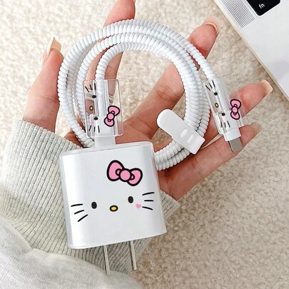 SANRIO Organizator de cabluri Hello Kitty Line Love de 1,5 m, set de protecție pentru încărcător TPU 5 în 1, compatibil cu cablul de încărcare rapidă pentru iPhone de 20 W