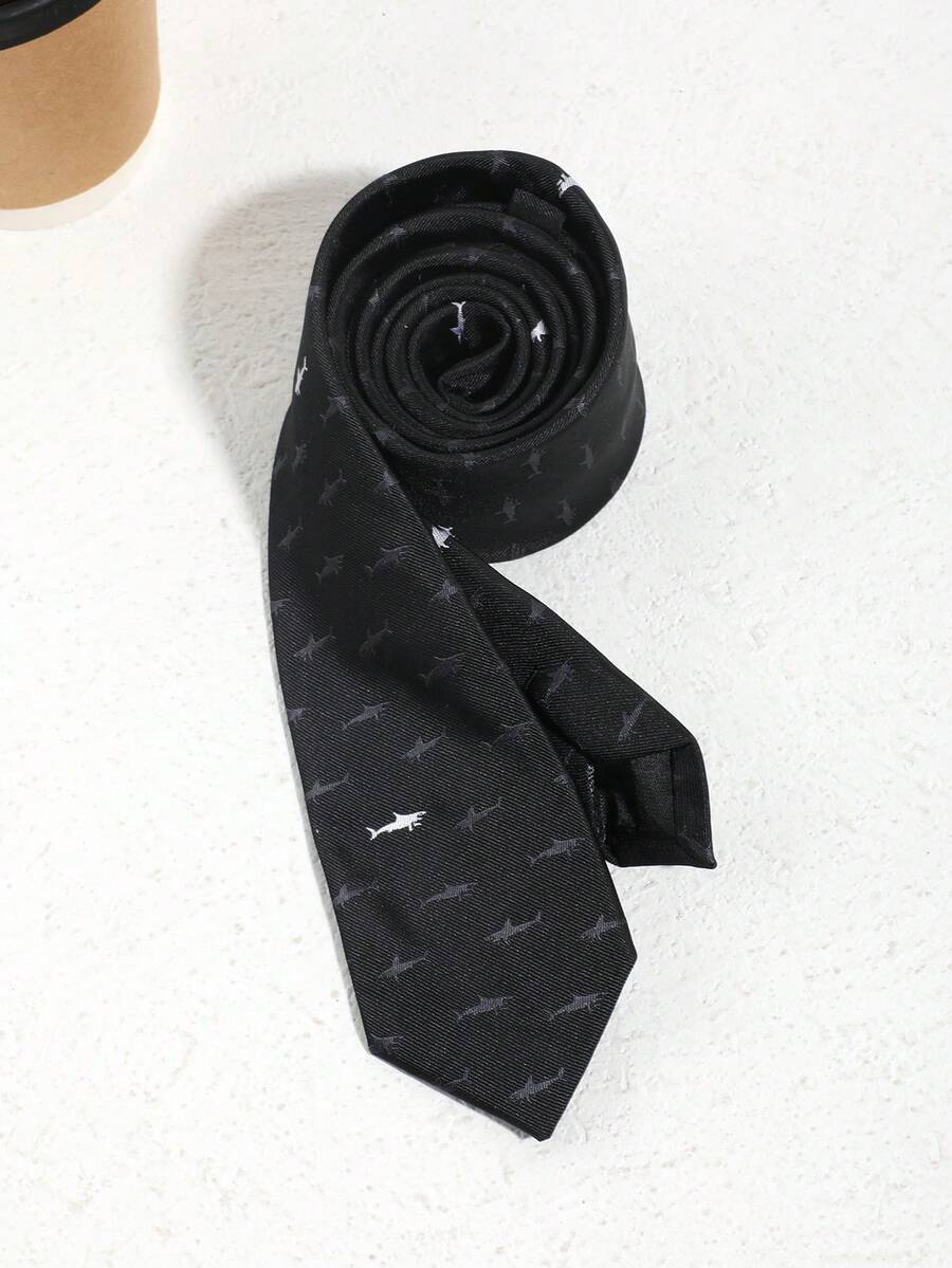 1pc Men's Casual Cute Shark Print Black Skinny Tie, Suitable For Party, Street, Business, Casual, Daily, School Outfit - Multicolor - View 1
