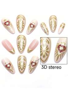 24pcs Minimalist Red Heart Gilded 3D Almond Shaped False Nails, Suitable For Valentine's Day, New Year, Birthday Party, Comes With Jelly Gel And Nail File - Gold - View 2