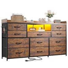 EnHomee Dresser For Bedroom With 11 Drawers 60" TV Stand With LED Lights & Charging Station Long Dresser With Shelves & 4 Hooks,Sturdy Metal Frame & Fabric Drawers - 查看 8