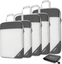 6 Cubitos de Embalaje de Compresión de Malla Extensible (Negro, Tamaño Grande:1L+2M+2S+Bolsa de Lavandería), Organizador de Equipaje para Viaje y Mudanza - 6 piezas grises de tamaño más grande - Ver 10