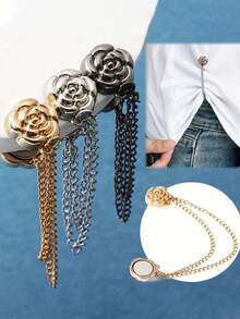 Camellia Flower Pattern T-Shirt With Adjustable Hem, Cuff, And Waist Cincher, Denim Hem Clips, Multi-Function Buttonless Clips For Pants, Sleeves, Skirts And Dresses