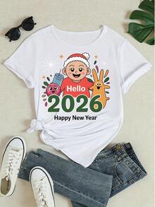 Damen 2026 Neujahr Cartoon Grafik Kurzarm T-Shirt Lässig Rundhals Festlich Bedrucktes Top für Feiertagsparty und Alltag - Weiss - Übersicht 4