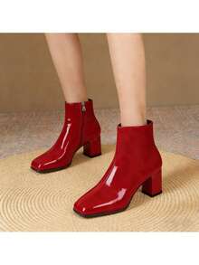Square Toe Block Heel Ankle Boots - Women's Office Commute Slip-On Leather Short Boots For Daily Work - Đỏ - Xem 5