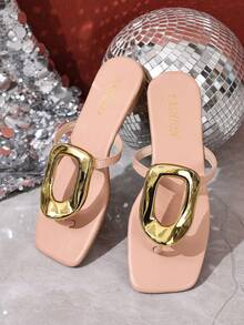 New Women's Summer Style Fashionable Open-Toe Flat Sandals With Square Toe, Casual Slipper With Golden Plastic Buckle And Toe Loop - Baby Pink - View 2