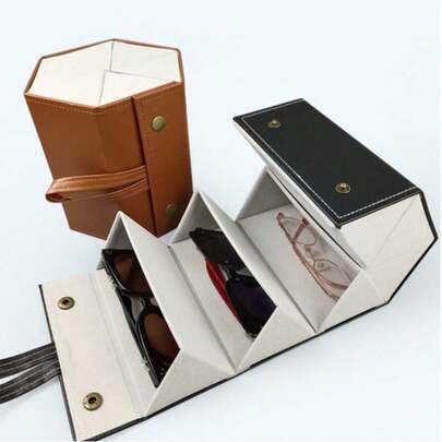 3-Slot Foldable Hanging Eyeglass Case, PU Leather Eyeglasses Sunglasses Storage Box, Sunglasses Holder Organizer, Travel Outdoor Gift, Back To School Dorm Essential, Holiday Makeup Bag, Cosmetic Storage Box