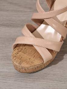 Giày sandal đế xuồng nữ quai chéo, thoải mái, hở mũi, đế cao, kiểu dáng thường ngày, thanh lịch, chất liệu cork, thích hợp cho ngày Valentine, mua sắm, nghỉ mát, mùa hè, đi làm. - Màu Khaki - Xem 3