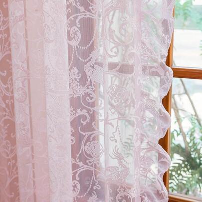 Green Sheer Curtains 108 Inch Long Living Room - Shabby Chic Floral Ruffled Curtains, Elegant Knitted Privacy Rod Pocket, Emerald Green, Spring/Summer, 1 Pair, 59 X 108 Inch