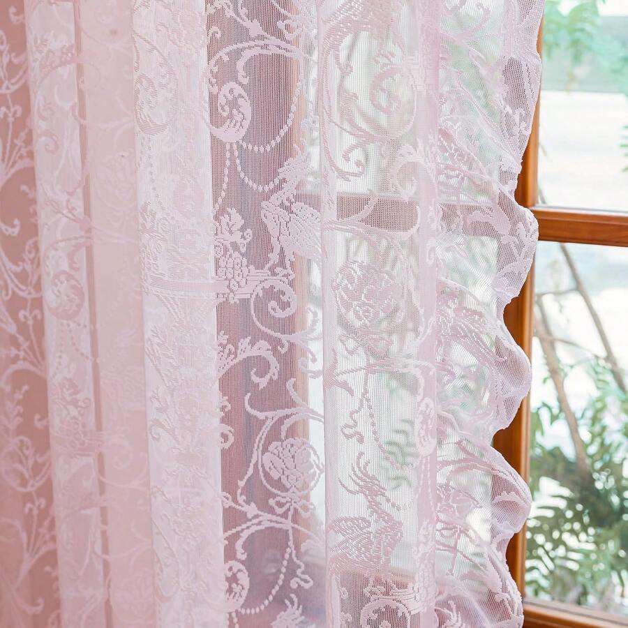 Green Sheer Curtains 108 Inch Long Living Room - Shabby Chic Floral Ruffled Curtains, Elegant Knitted Privacy Rod Pocket, Emerald Green, Spring/Summer, 1 Pair, 59 X 108 Inch - 粉色 - 查看 1