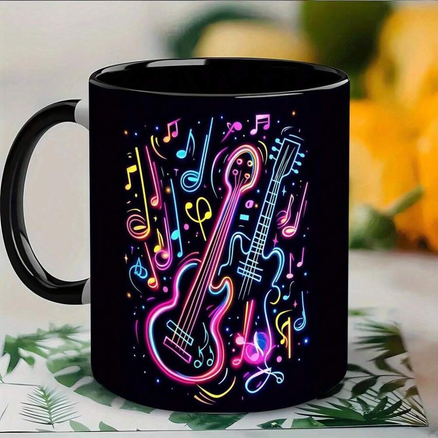 1 Music Note & Guitar-Shaped Ceramic Mug 11oz - Musical Note Porcelain Coffee Tea Cup With Music (Treble/Clef) - Musicians, Birthday, Office, Christmas, Valentine's Day - No Assembly Required, Romantic Valentines Day Present For Her Him, Birthday Ann - 黑色5 - 查看 1