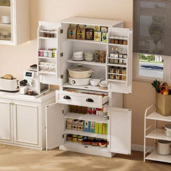 182 Cm Aufbewahrungsschrank, 4 Türen And 1 Schublade, 2 Türen Mit Ablageflächen, 6 Staufächer And 4 Verstellbare Ablageflächen, Geeignet Für Küche, Esszimmer Und Wohnzimmer, White