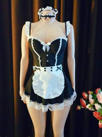 5pcs Women's Sexy Maid Costume Set, Includes Lace Trim Dress, Headband, Collar, Apron, Panties, Lingerie For Role Play