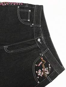 时尚樱花刺绣复古宽腿宽松牛仔裤
