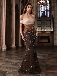 QOQ Luxurious Women Hot Drill Rhinestone Formal Dress Shine Diamond Evening Gown For Award Ceremony, Dinner, Birthday Party, Galas Dresses - Coffee Brown - View 3