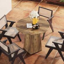 LITTLE TREE 80cm Round Farmhouse Dining Table For 2-4 - Small Kitchen & Living Room Space-Saving Square Base, Rustic Brown - Maroon - View 9