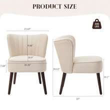 Sillón Acento de Terciopelo Estilo Mid-Century Modern con Patas de Madera, Silla Tapizada sin Brazos Tipo Wingback para Sala, Recámara, Oficina, Rincón de Lectura o Comedor - Blanco - Ver 3