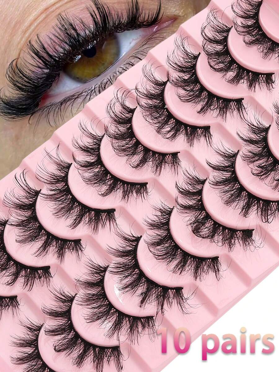 10 对蓬松交叉猫眼假睫毛；黑色强力支撑带；自然纤细的假睫毛；仿貂毛假睫毛；柔软扇形卷翘睫毛。