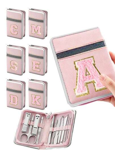A-Z Letter Embroidery Pink Wallet-Style Manicure Kit, 7-Piece Stainless Steel Nail Grooming Tools Set With Zipper Case, Portable Travel-Friendly Nail Care Accessories For Women & Girls Travel & Daily Use