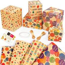 Papel de Regalo Cumpleaos, Envolver Regalos Decoracion, Lindo Papel de Regalo,70x50cm por Rollo, Impresin Colorida, con Cinta de Doble Cara, Cuerda, Etiquetas Papels para Navidad, cumpleaos, Halloween, decoracin para fiesta de boda (Colorido-yuan) - Colorido-yuan - Ver 2