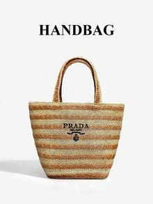 Prada 轻便条纹编织草编手提包，带刺绣logo，适合度假旅行，可用作化妆包 - 棕色 - 查看 8
