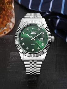 RICECGO 1 件男士商务石英表，奢华时尚男士腕表，带夜光双日历显示，不锈钢表带，适合日常佩戴，是情人节或生日送给男士的理想礼物 - 銀色 - 查看 2