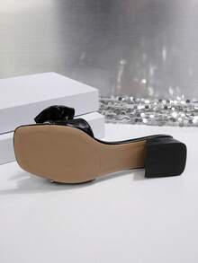 French Square Toe Rhinestone Bow Chunky Heel Strap Summer New Versatile Slim High Heel Sandals - Black - View 6
