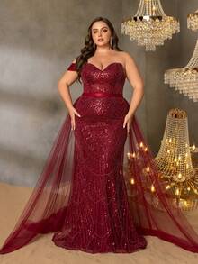 Faeriesty Women's Glamorous Plus-Size Off-The-Shoulder Evening Gown With Sparkling Sequin Embellished – Perfect For Galas, Receptions, Balls, Ceremonies - Burgundy - View 5