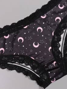 Dircho 5件套女士星空印花三角裤套装，月亮星星图案，可爱脸型，黑色蕾丝边，柔软面料，深色调，日常舒适内衣，梦幻休闲风格 - 彩色 - 查看 7