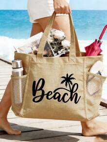 1 Set/2pcs Casual Style Oversized Beach Shoulder Bag & Handbag For Women | Printed 'beach' Tote Bag, Reusable Shopping Bag With Fixed Shoulder Straps, Portable Cosmetic Bag, Multi-Functional Beach Bag, Bathroom Storage Box | Perfect Gift For Family, Friends, Loved Ones | Ideal For Back To School, Graduation, Ramadan, Eid, Valentine's Day, Christmas, Thanksgiving - Multicolor - View 3