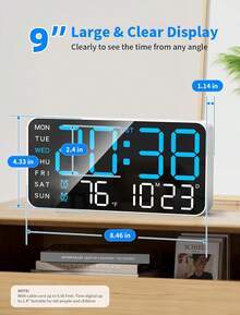 Reloj de pared digital con pantalla LED grande con calendario, día de la semana, temperatura, función de despertar por voz, brillo ajustable, reloj rectangular con hora de 12/24, alimentación USB con función de una sola campana - Reloj de plástico con tema de fantasía con acabado blanco - Azul - Ver 7