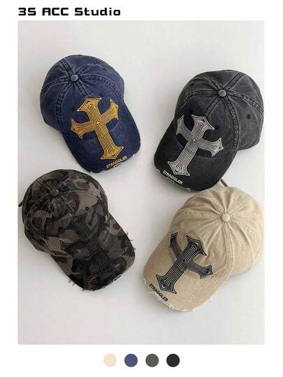 Vintage Cross Embroidery Baseball Cap, Retro Embroidered Abby Style Versatile Distressed Baseball Hat, Unisex Personalized Cross Embroidery Soft Top Baseball Cap, American Vintage Cross Embroidery Sun-Shading Distressed Baseball Hat