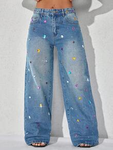 Pearl Decor 低腰阔腿休闲蓝色牛仔裤，斜插口袋，女士春季款 - 寶藍色 - 查看 6