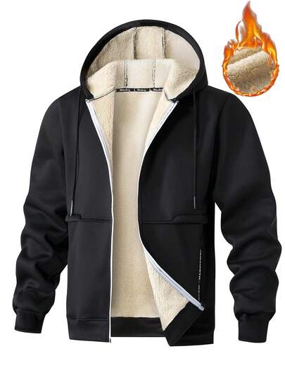 1 件男士保暖内衬厚夹克，夏尔巴保暖户外休闲运动徒步跑步连帽衫