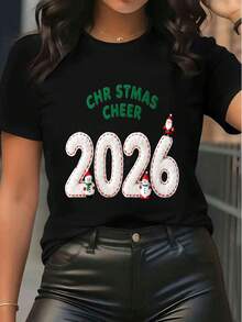 Women's Christmas Graphic Print Short Sleeve T-Shirt Crew Neck "CHRISTMAS CHEER 2026" Gnome Snowman Pattern Casual Holiday Party Tee Top - Black - View 1