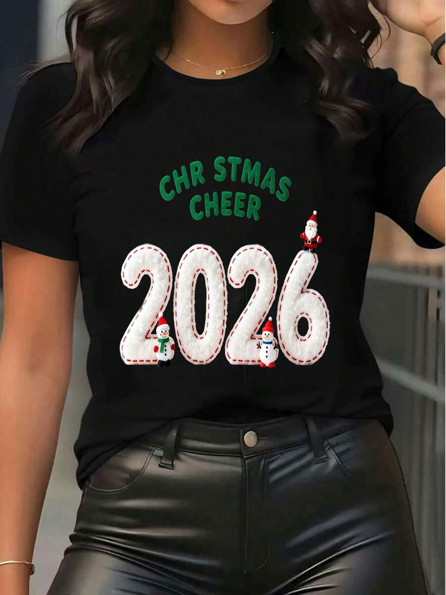 Women's Christmas Graphic Print Short Sleeve T-Shirt Crew Neck "CHRISTMAS CHEER 2026" Gnome Snowman Pattern Casual Holiday Party Tee Top - Black - View 1