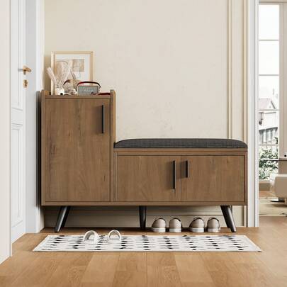 Modern Shoe Bench With Three Storage Doors, Asymmetrical Metal Handles, And Multiple Storage Levels - Dimensions: W100/D34/H69 Cm