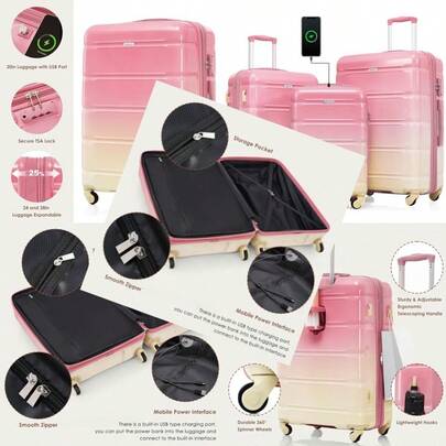 Lage Sets 3 Pcs ABS Hardside Suit Case With Spinner Wheels Lightweight TSA Lock Gradient Pink 20/24/28 Inch Gradient Pink 20/24/28 Inch Lage Sets 3 Pcs Suit Case Abs Hardside Suit
