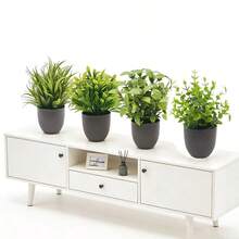 Set de 4 plantas artificiales en maceta, plantas artificiales miniatura verdes falsas en maceta, macetas de flores artificiales de plástico, plantas artificiales en miniatura, macetas negras, adecuadas para el hogar, oficina, mesa de comedor, casa de campo, baño, patio, regalos, jardín, exterior, jardinería, flores artificiales (1 maceta al azar) - Verde - Ver 5