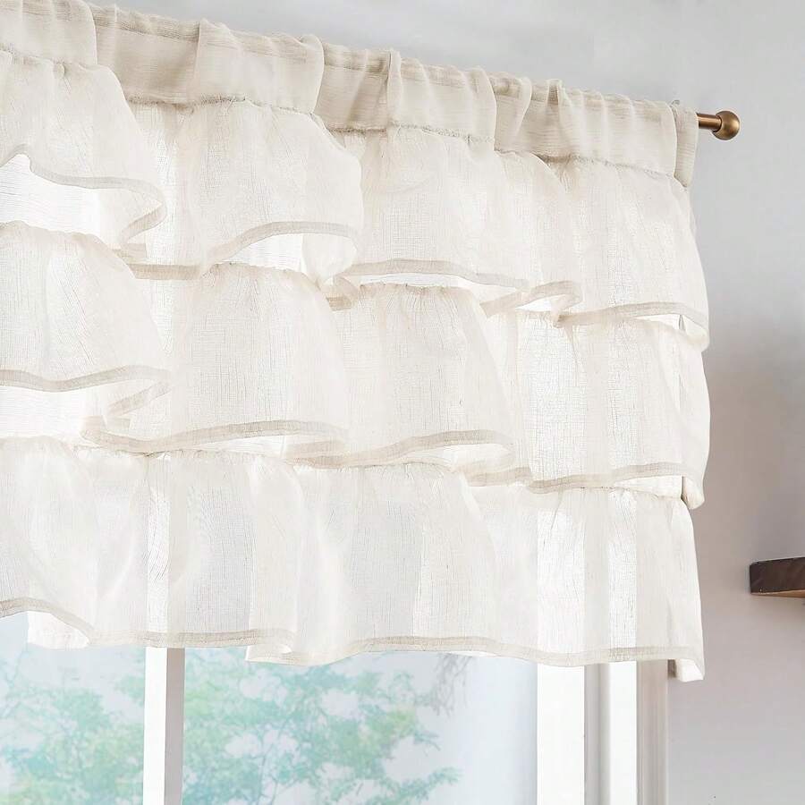 Linen Valance Sheer Double Layer Kitchen Window Curtain Leaf Embroidered Valance Living Room Cafe Farmhouse Filtering Rustic Country Curtain 18 Inch Rod Pocket 1 Panel White Home Decor - *微風米色 - 查看 1