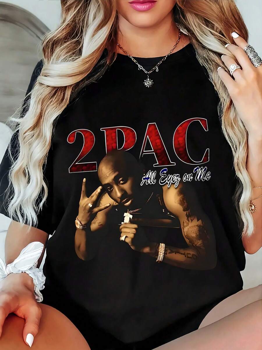 1PC  All Eyez On Me Rapper Graphic Women's Tshirts - Black 1 - View 1