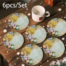 6pcs/Set Vintage Easter Rabbit & Egg Design Round Wooden Coasters/Placemats, Kitchen, Dining, Home Decor Accessories, Best Gift For Friends And Family On Easter, Back To School, Spring, Valentine's Day, Wedding Party - Multicolor Upgrade - View 12