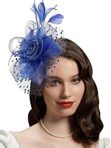 1 pieza Tocado de mujer con flor de malla de color azul real con diadema y pinza para el cabello, adecuado para bodas, fiestas de té, Kentucky Derby y otras ocasiones, se puede usar como sombrero, regalo, accesorio para el cabello, elegante y único, también adecuado para festivales, fiestas rave, galas - azul real - Ver 2