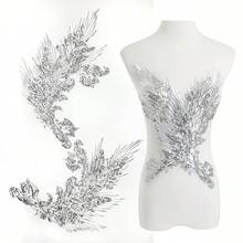 [Free Shipping]Silvora Pair Embroidery Phoenix Costume Sequin Appliques Patches, Peacock Feather Tail Applique Embellishments For Dance Dresses,Clothes,T-Shirt,Neckline Bodice Pants (Silver) - 銀色 - 查看 1